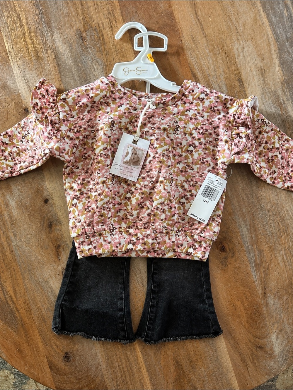 NWT Jessica Simpson Girl 2-Piece Floral Ruffle Sweatshirt & Flare Jeans Set 12M